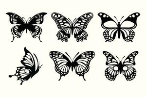 Black and white vector image of a flying butterfly silhouette for tattoo cards.