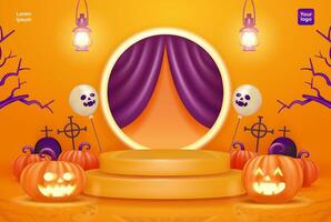 Halloween themed product podium, with laughing pumpkin, graveyard, tree branch, ghost balloon and lantern elements. 3d vector, suitable for big sales, discount products and advertisements vector