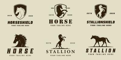 set of silhouette horse logo vector vintage illustration template icon graphic design. bundle collection of various stallion wild animal sign or symbol for farm and ranch concept