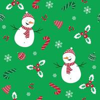 Seamless pattern with snowman, candy, holly berry and snowflakes. Vector flat design for wrapper, fabric, wallpaper.