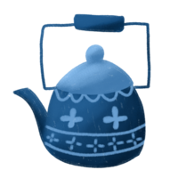 een blauw thee waterkoker met een omgaan met Aan het png