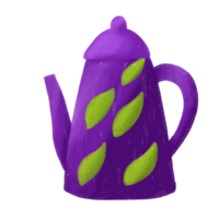 a purple tea pot with green leaves on it png