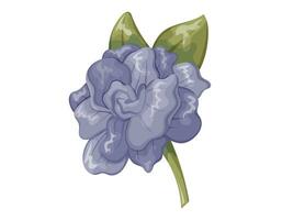 Cartoon bud of a purple blooming rose with petals. Vector isolated beautiful flower on a stem with leaves.