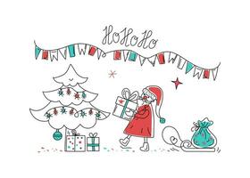 Santa, Christmas tree and sleigh and boxes with gifts. Christmas tree. Confetti, inscriptions, icons. Hand drawn drawings. Festive decor, flags and electric garland. Vector doodle.