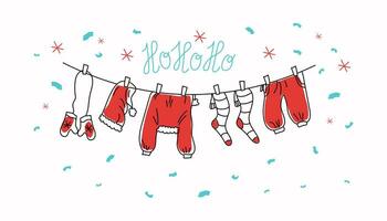 Funny winter banner with Santa clothes. Christmas, New Year vector drawings in doodle style. Hand drawing. Isolated background. Vector illustration.