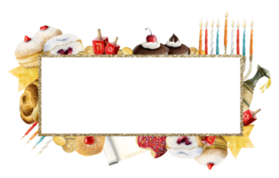 Happy Hanukkah horizontal greeting banner frame illustration of traditional Jewish miracle symbols, dreidels, donuts, menorah with candles, oil jar, card template png