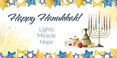 contento hanukkah orizzontale bandiera acquerello illustrazione con menorah, candele, oliva olio brocca, stelle di davide, sufganiyot ciambelle, dreidel png