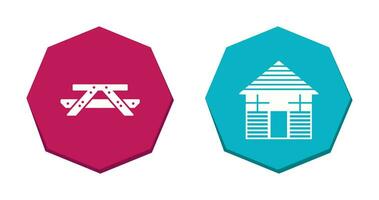 Picnic of Table and Wood Cabin Icon vector
