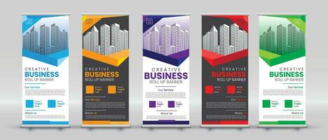 creative modern roll up banner design in blue, yellow, purple, red and green with light and dark mode for print ready colors vector