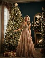a beautiful woman with christmas tree, happy new year concept, AI Generated photo