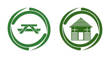 Picnic of Table and Wood Cabin Icon vector