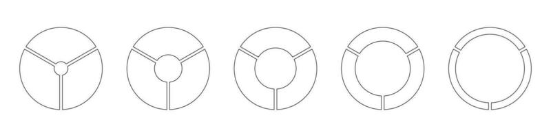 Wheels round divided, three sections. Diagrams infographic set. Circle section graph line art. Pie chart simple icons. Outline donut charts, pies segmented on 3 equal parts. Geometric vector elements.