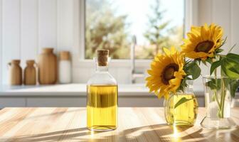 bottle of sunflower oil in the white light kitchen with wooden facades and appliances AI Generated photo