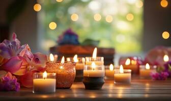 velas en el antecedentes de yoga y meditación clases ai generado foto