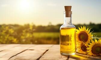 transparent bottle of oil stands on a wooden table on of a field of sunflowers background AI Generated photo