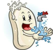 A sparkling bar of hand soap cartoon character with suds of clean bubbles rinsing hands under hot water vector clip art