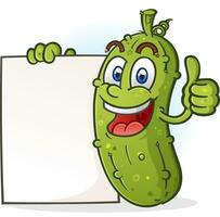 A happy green pickle cartoon character giving a thumbs up and holding a white sign poster vector clip art