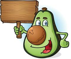 A smiling happy avocado cartoon character holding a blank wooden sign vector clip art