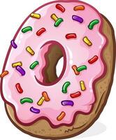 Plump delicious doughnut covered in pink strawberry icing and rainbow sprinkles vector cartoon clip art