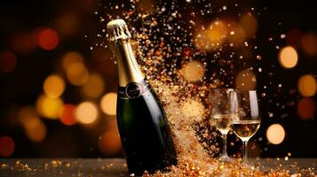 ai generative Champagne popping and pouring with blurred bokeh background photo