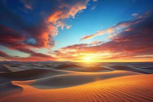 Sunset, dawn over sand dunes in the desert. Beautiful view of the desert. Generated by artificial intelligence photo