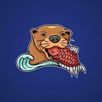 ilustración de un linda nutria, comiendo pez. vector