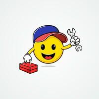 Automotive illustration of cute emoji, holding keys and repair tool box. vector