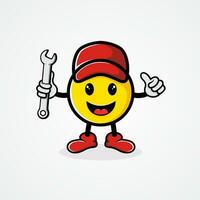 Cute emoji automotive illustration, holding key to repair. vector