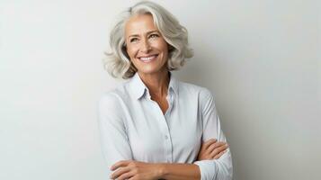 un mujer con gris pelo sonriente. ai generativo foto