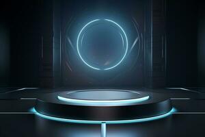 Futuristic illuminated pedestal podium mockup for product presentation generative by ai photo