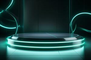 Futuristic illuminated pedestal podium mockup for product presentation generative by ai photo