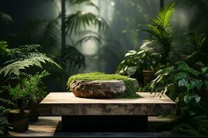 Natural rock stone podium for product display in front of the forest generative by ai photo