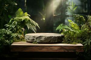 Natural rock stone podium for product display in front of the forest generative by ai photo