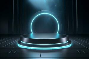 Futuristic illuminated pedestal podium mockup for product presentation generative by ai photo