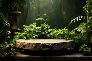 Natural rock stone podium for product display in front of the forest generative by ai photo