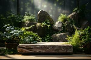 Natural rock stone podium for product display in front of the forest generative by ai photo