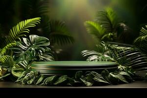 Podium mockup around with plants for product display generative by ai photo