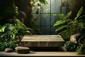 Marble stone podium for product display in front of the forest generative by ai photo