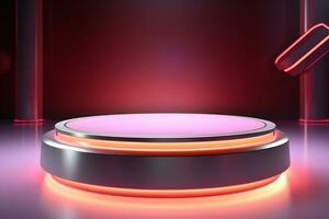 Futuristic illuminated pedestal podium mockup for product presentation generative by ai photo