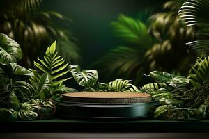 Podium mockup around with plants for product display generative by ai photo
