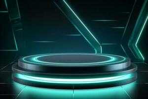 Futuristic illuminated pedestal podium mockup for product presentation generative by ai photo