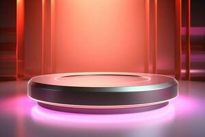 Futuristic illuminated pedestal podium mockup for product presentation generative by ai photo