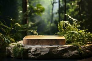 Natural wooden podium for product display in front of the forest generative by ai photo