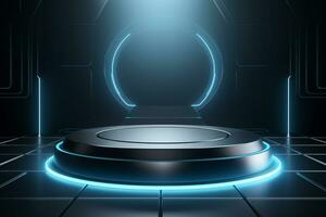 Futuristic illuminated pedestal podium mockup for product presentation generative by ai photo