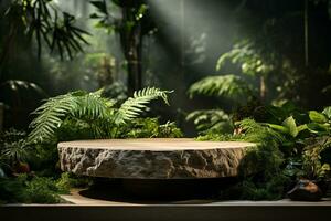 Natural rock stone podium for product display in front of the forest generative by ai photo