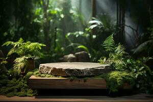 Natural rock stone podium for product display in front of the forest generative by ai photo