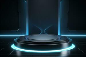 Futuristic illuminated pedestal podium mockup for product presentation generative by ai photo