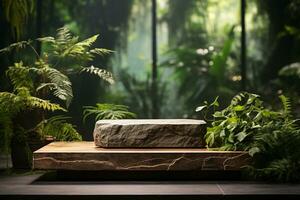 Marble stone podium for product display in front of the forest generative by ai photo
