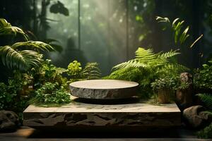 Marble stone podium for product display in front of the forest generative by ai photo
