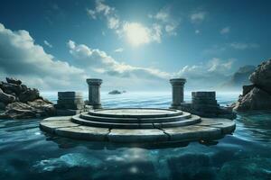 ancient style podium in water for product presentation generative by ai photo